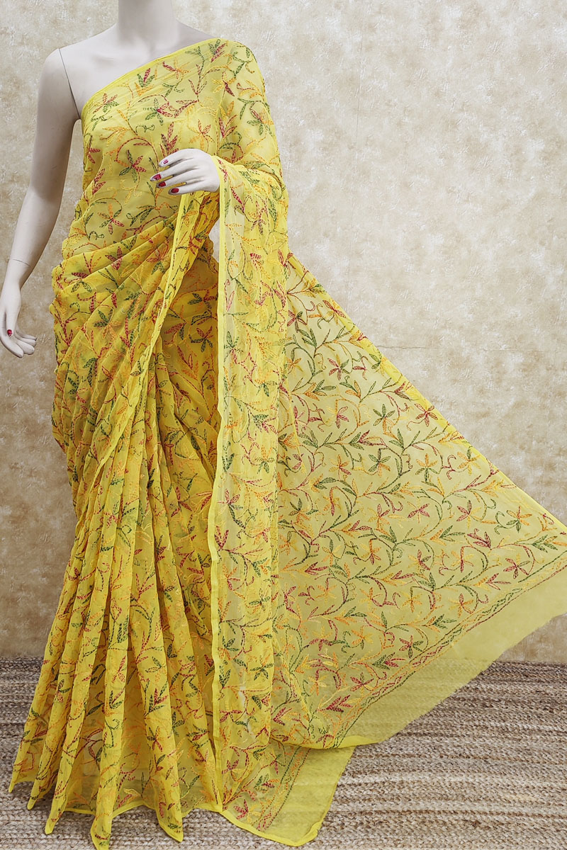 Yellow Color Allover Multithread Tepchi Work Hand Embroidered Lucknowi Chikankari Saree (With Blouse) MC251739